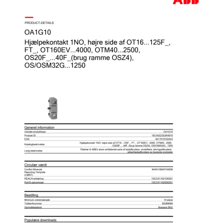 ABB hjælpekontakt for OT-OS afbrydere, 1 slutte