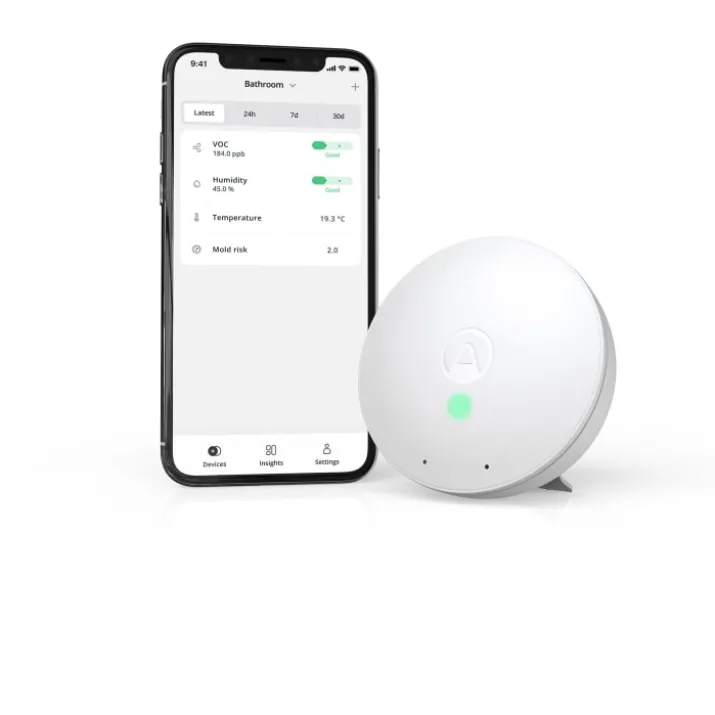 Airthings Wave Mini, måling af luftkvalitet og skimmelsvamp, hvid