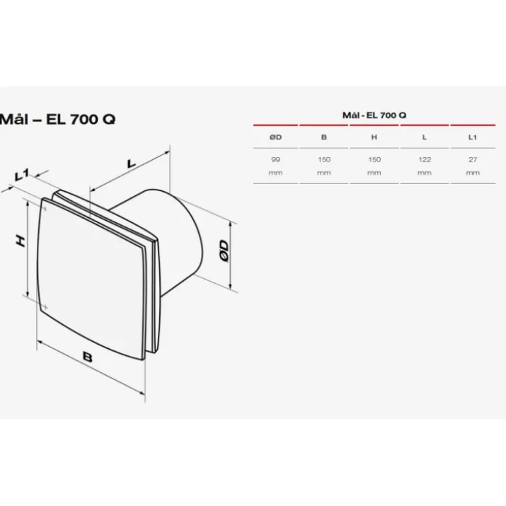 Duka EL 700Q badventilator, Ø100 mm, børstet stål