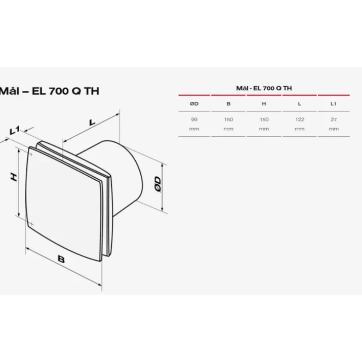 Duka EL 700Q TH badventilator, fugtstyring, timer, Ø100 mm, børstet stål