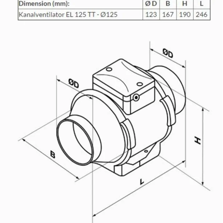 Duka EL125TT kanalventilator, Ø125 mm, hvid
