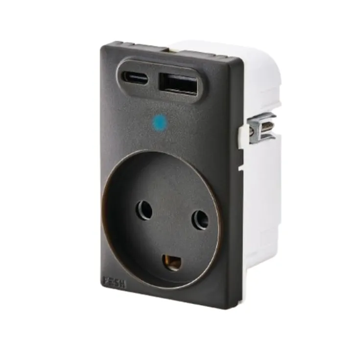 Fesh Curveline stikkontakt med jord og dobbelt USB, 1,5 modul, grå