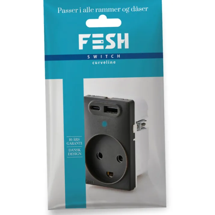 Fesh Curveline stikkontakt med jord og dobbelt USB, 1,5 modul, grå