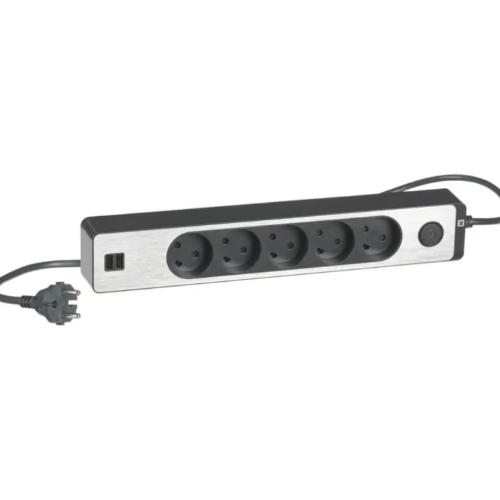 LK Fuga Design stikdåse 5 udtag, m/ledning + 2 USB, koksgrå med alu front