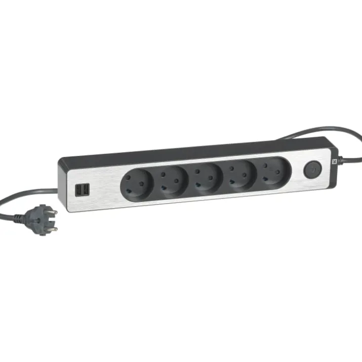 LK Fuga Design stikdåse 5 udtag, m/ledning + 2 USB, koksgrå med alu front