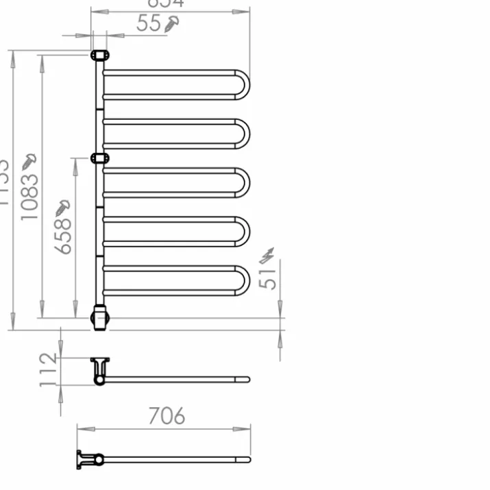 Pax Flex U håndklædetørrer, el, 65,4x115,3 cm, rustfrit stål