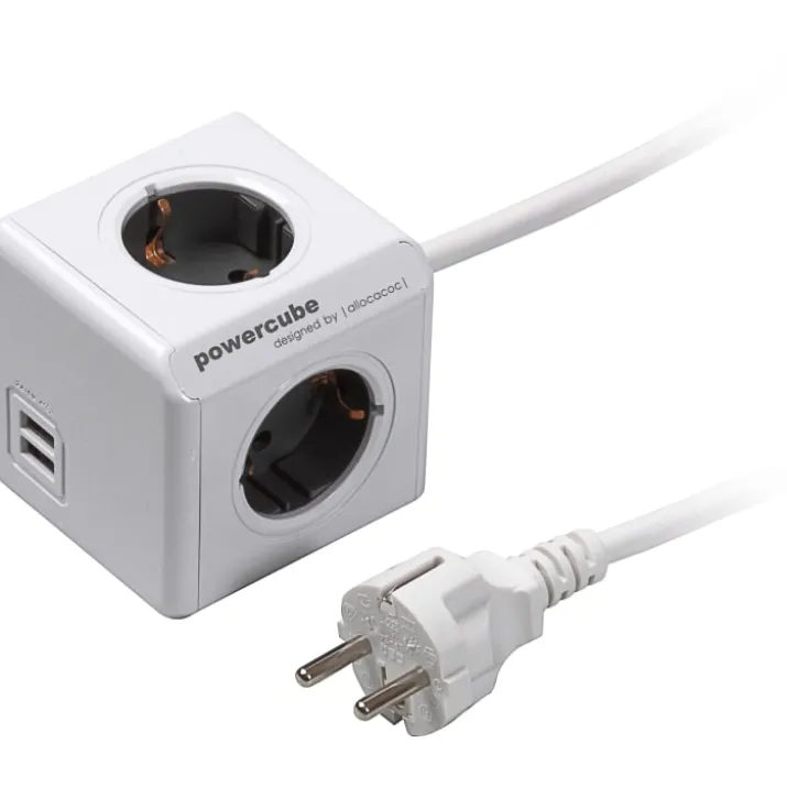 PowerCube stikdåse, schuko, 4 udtag, USB-A