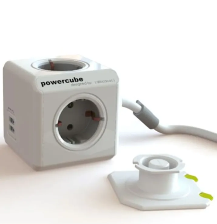 PowerCube stikdåse, schuko, 4 udtag, USB-A