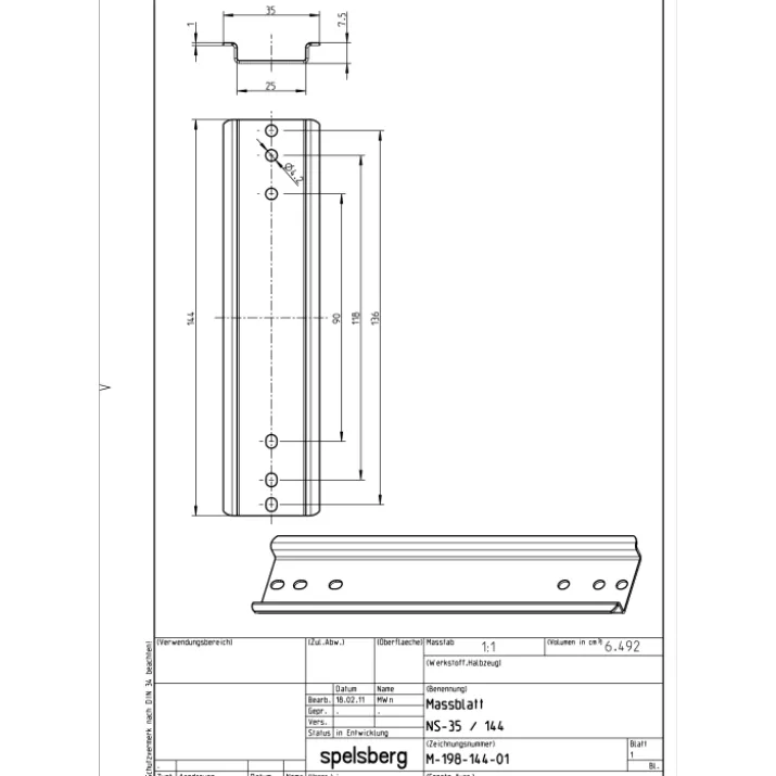 Spelsberg NS 35-144 DIN-skinne, 35x144x7,5 mm