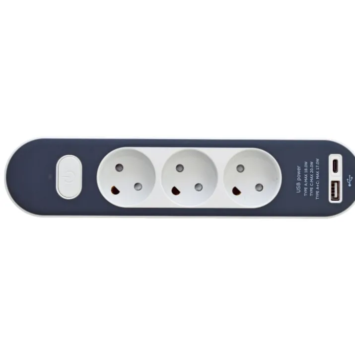 Stikdåse med 3 udtag, med afbryder, med jord, USB-A+C, 1,4 meter