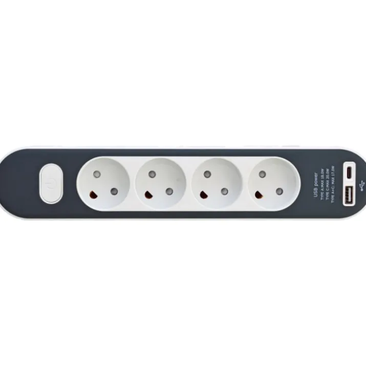 Stikdåse med 4 udtag, med afbryder, uden jord, USB-A+C, 1,4 meter