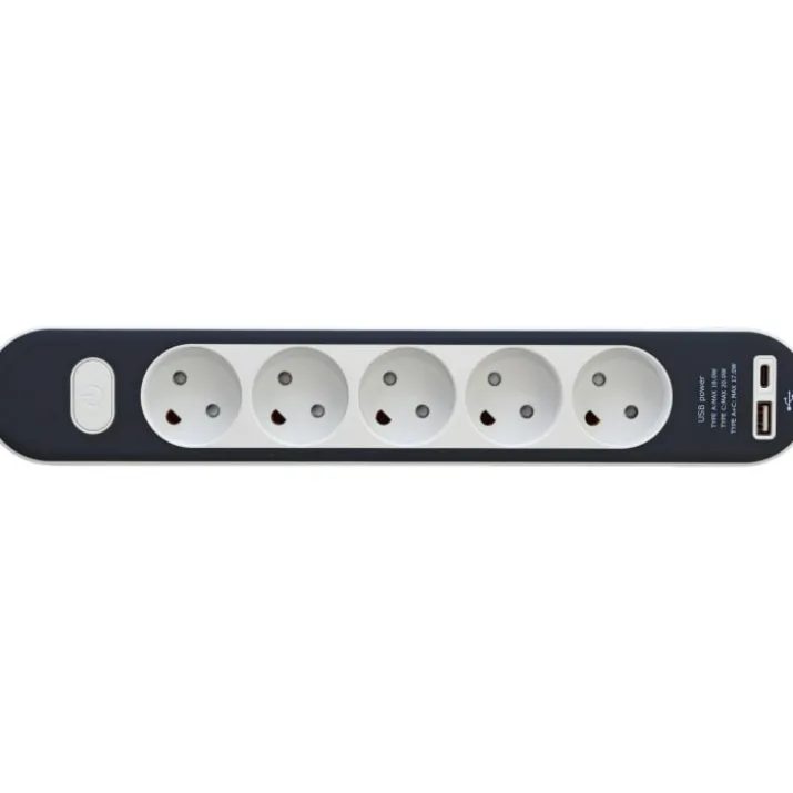 Stikdåse med 5 udtag, med afbryder, uden jord, USB-A+C, 1,4 meter