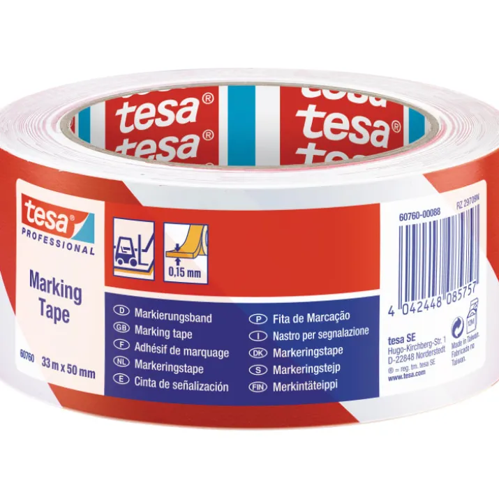 Tesa advarselstape, rød/hvid, 33 meter