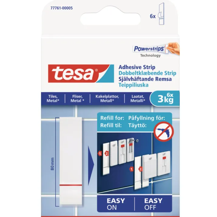 Tesa dobbeltklæbende powerstrips til fliser, 80 mm, 6 stk