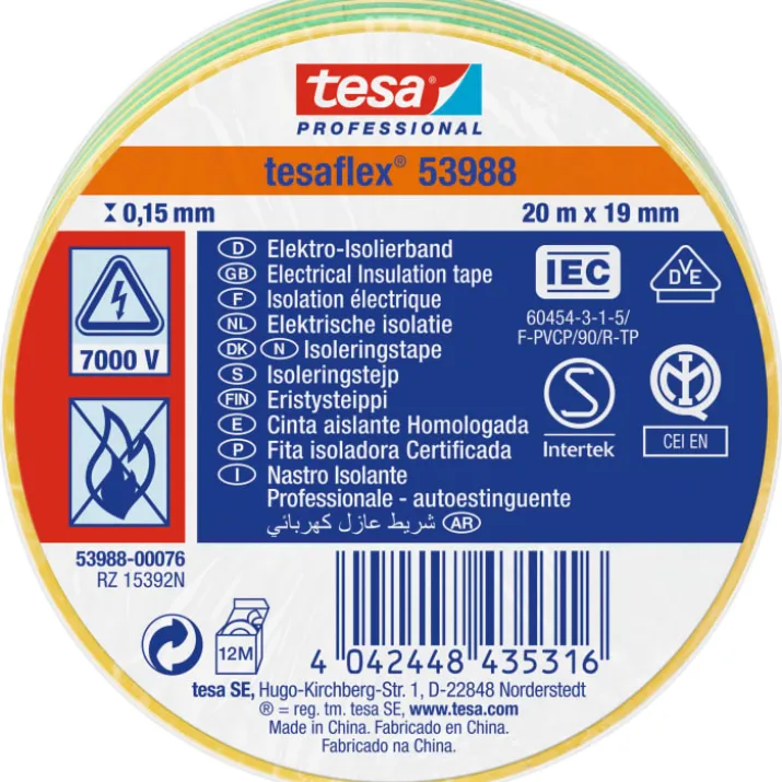 Tesa isoleringstape, gul/grøn, 19 mm, 20 meter