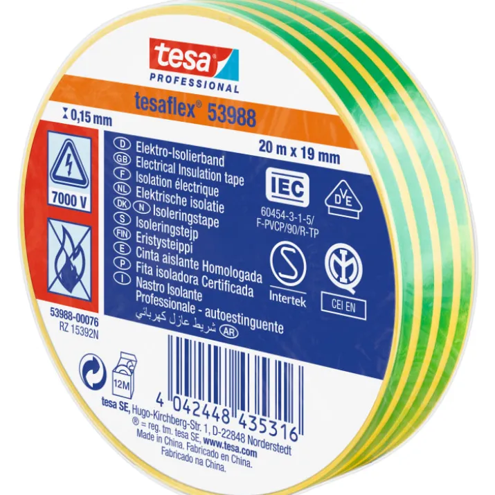 Tesa isoleringstape, gul/grøn, 19 mm, 20 meter