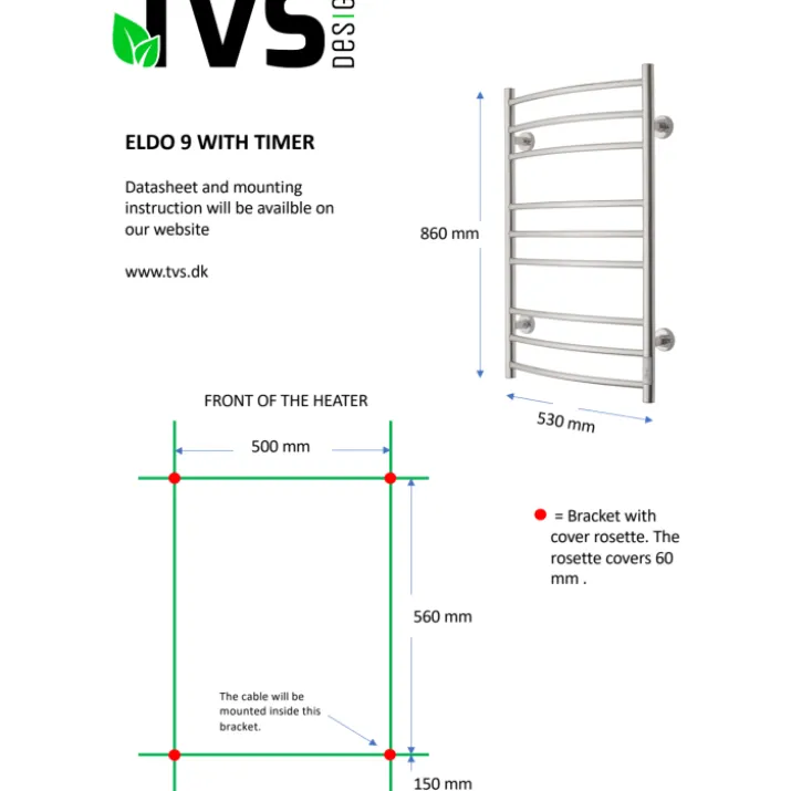 TVS Eldo 9 håndklædetørrer, el, 53x86 cm, poleret rustfri stål