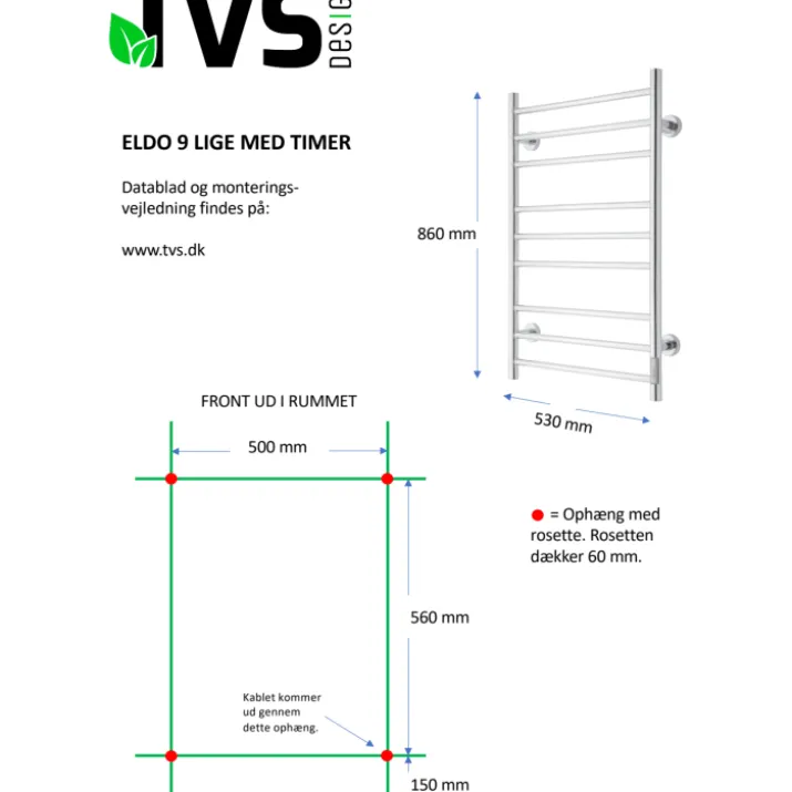 TVS Eldo 9 L håndklædetørrer, el, 53x86 cm, poleret rustfrit stål