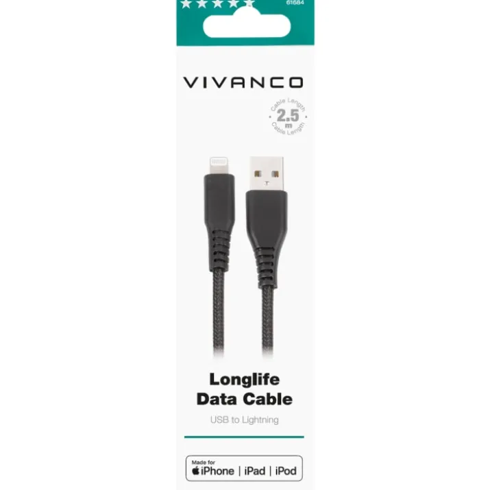 Vivanco LongLife kabel USB-A til lightning, 2,5 meter