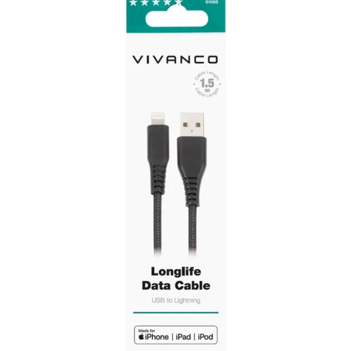 Vivanco LongLife ladekabel lightning/USB-A, 1,5 meter