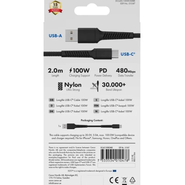 Vivanco USB-A til USB-C kabel, 2 meter, 60W